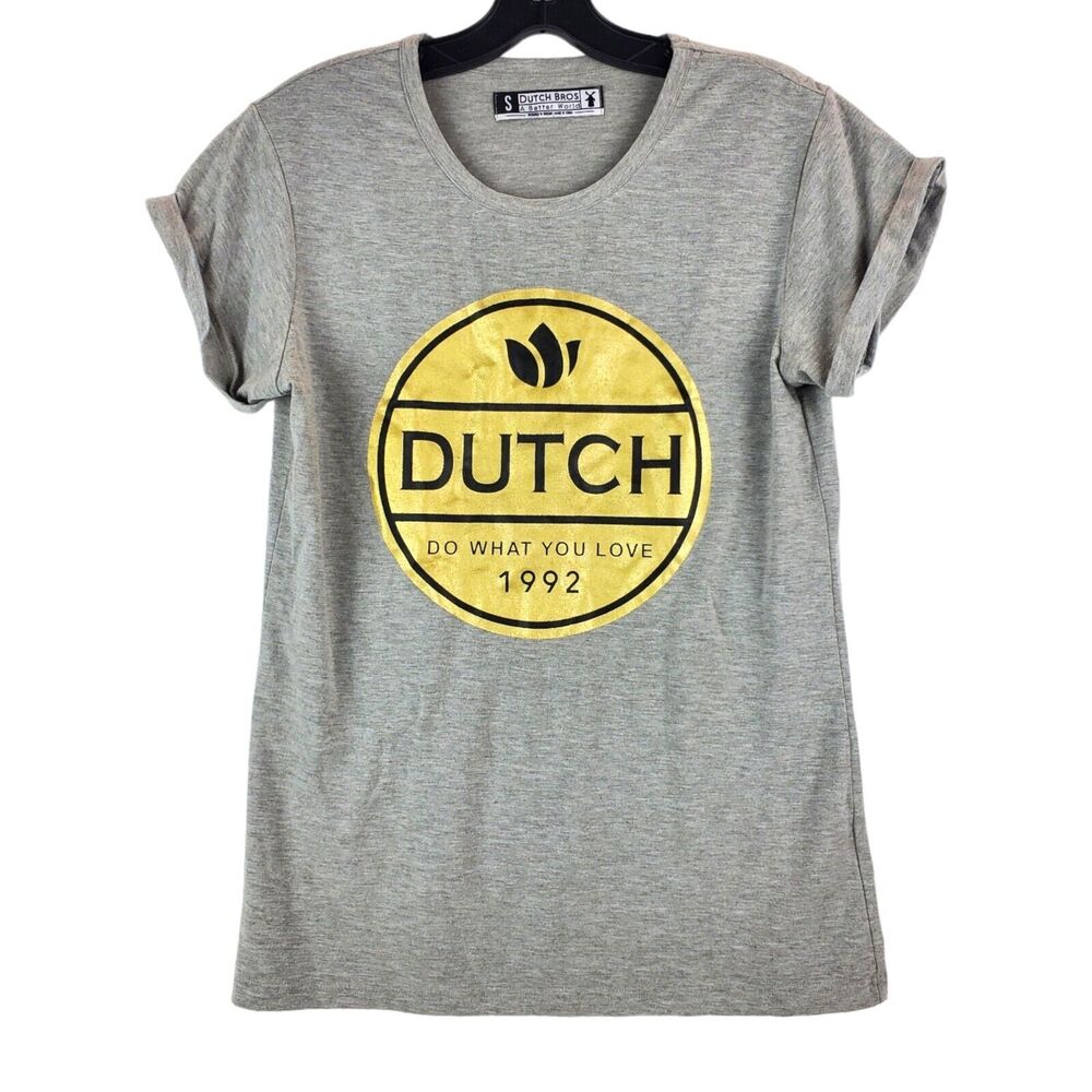 DUTCH BROS Coffee Shirt Adult Small Gray Gold DO WHAT YOU LOVE Graphic Spell Out